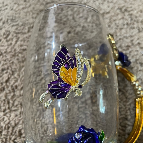 ARC of France Glass Coffee Tea Handled Cup Jeweled Enamel Blue Rose Butterfly - Picture 6 of 10